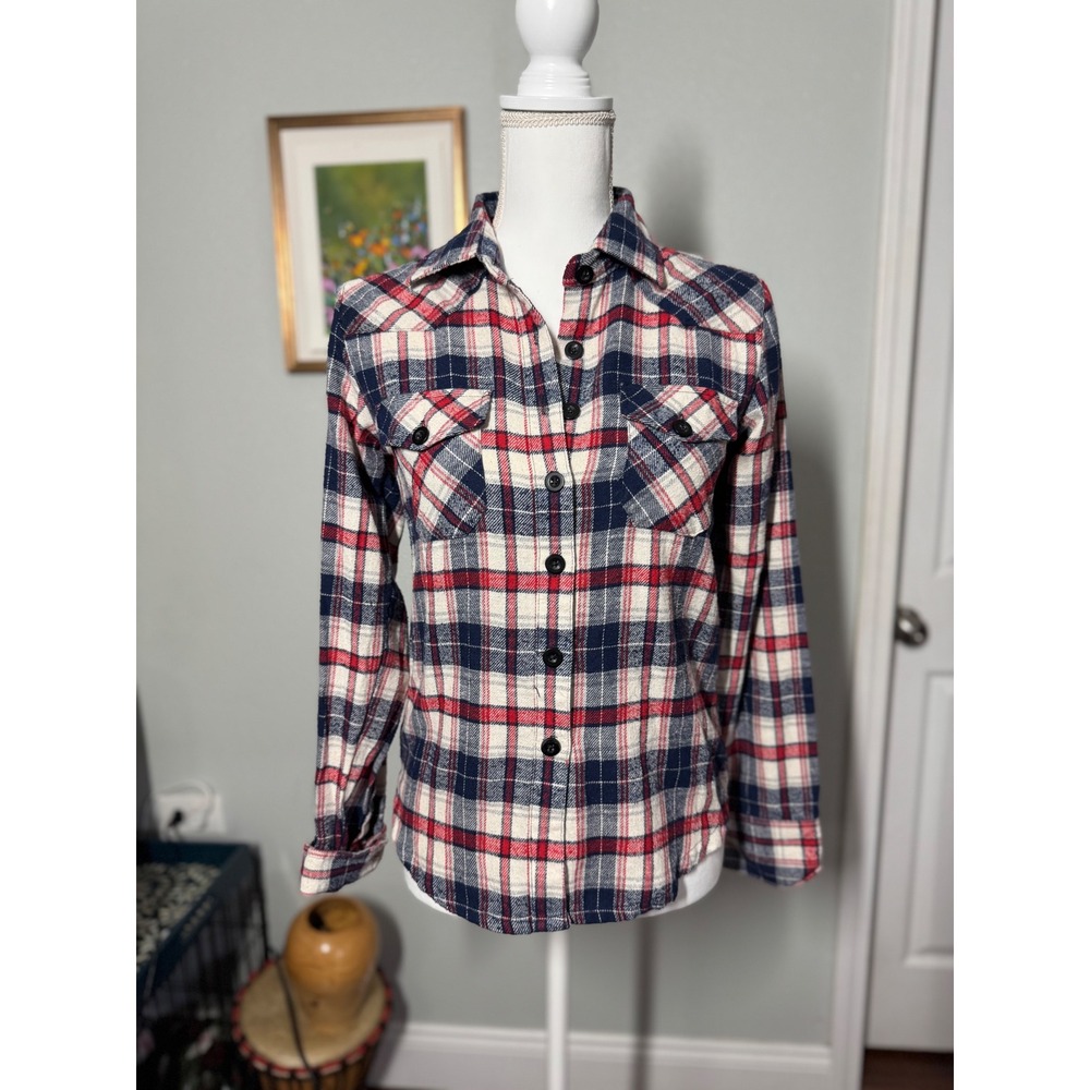Molokai Surf red/navy/cream plaid flannel button-up see measurements